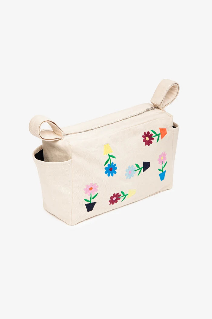 Embroidered Floral Stroller Organizer – Beige Denim