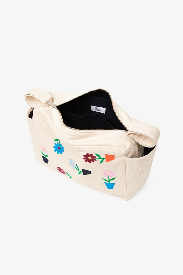 Embroidered Floral Stroller Organizer – Beige Denim