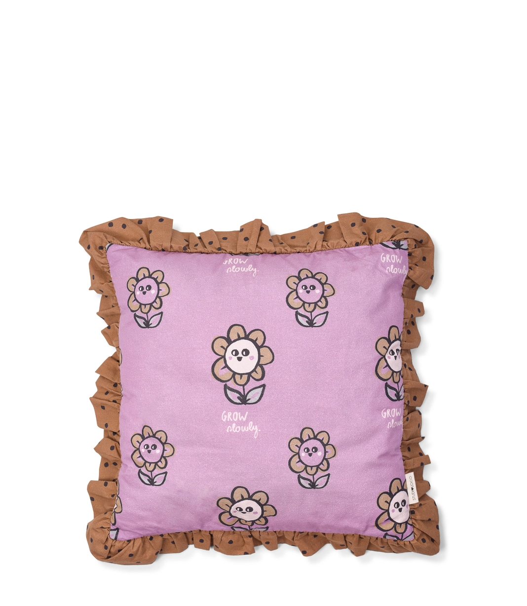 Floral and dotted print frilled cushion