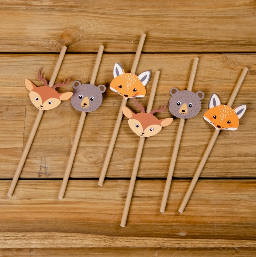 6 bosdieren papieren rietjes