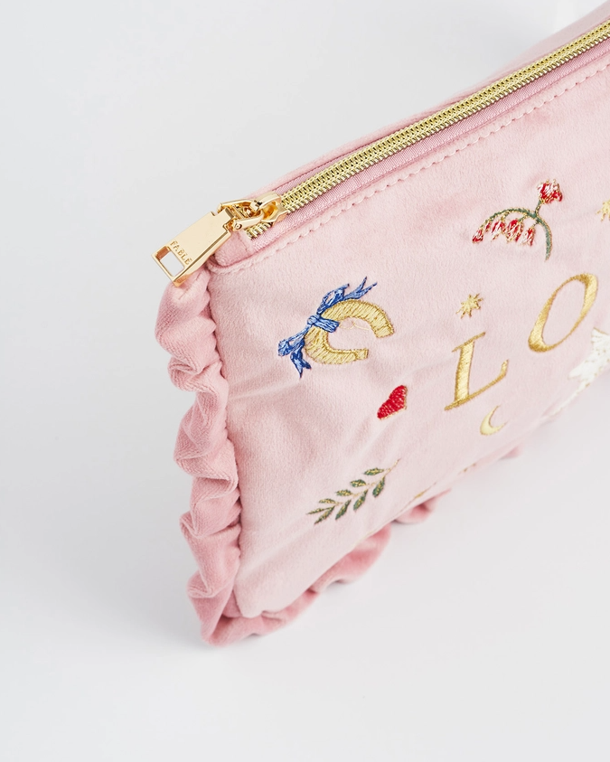 Roze fluwelen geborduurde pochette