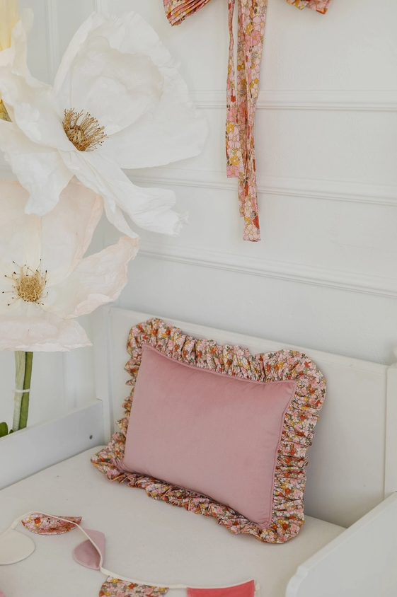 Floral print pillow with ruffles