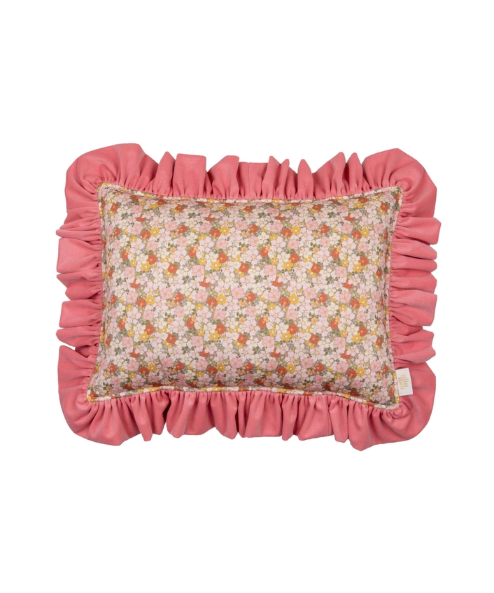 Striped and floral print ruffled pillow