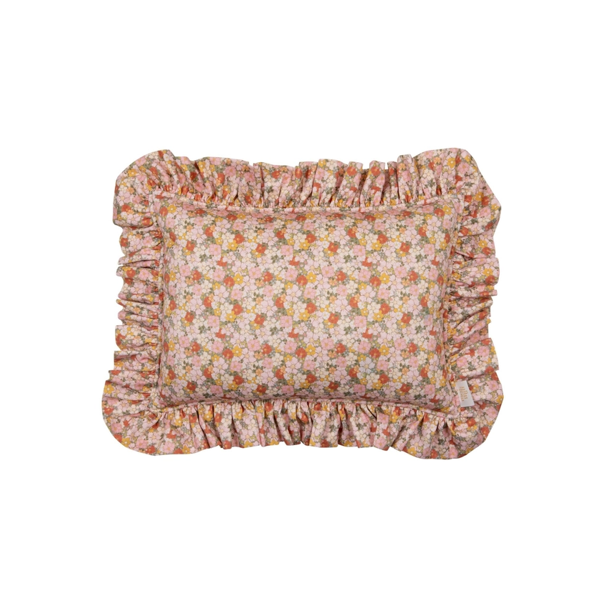 Floral print pillow with ruffles