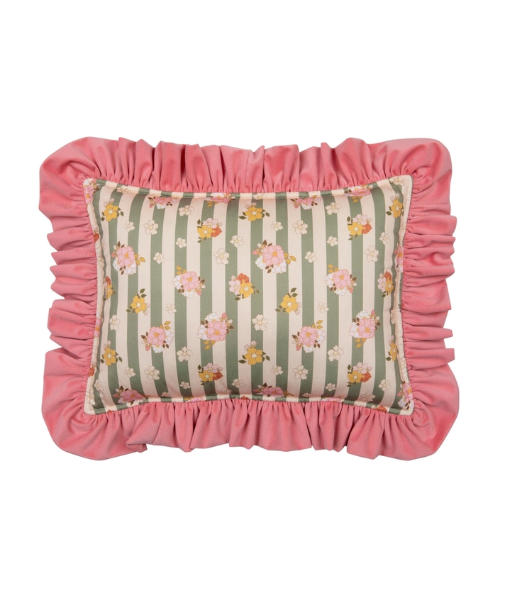 Striped and floral print ruffled pillow